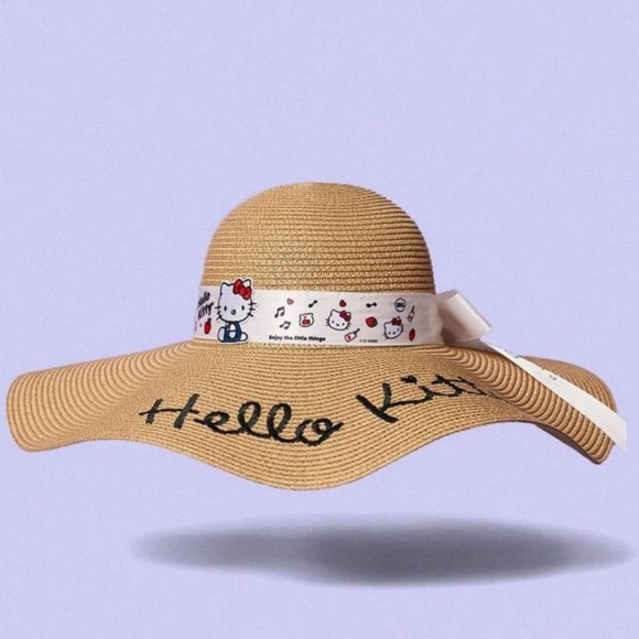 Hello Kitty Boho Wide Brim Floppy Straw Sun Hat Logo Ribbon Bow BRAND NEW - Picture 8 of 10